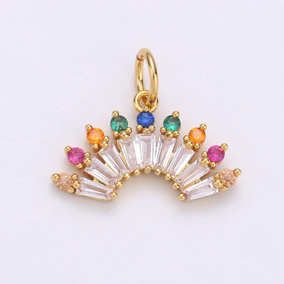 Cubic Rainbow Color CZ Fan Shaped Pendant, Micro Pave Colorful Cubic Zirconia Baguette Charm Pendant for Necklace earring Bracelet E-557