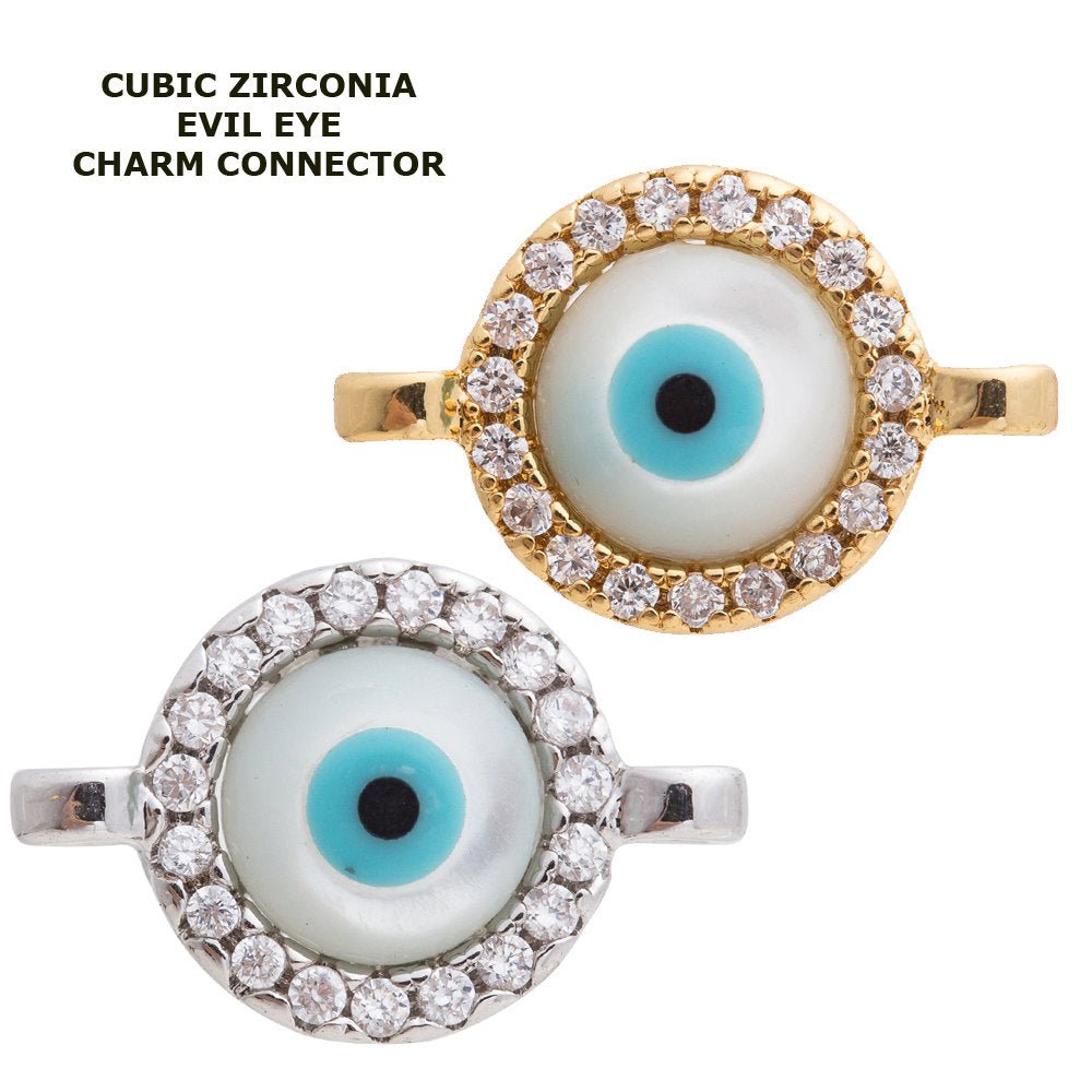 Cubic Zirconia Round Shell Evil Eye Protection Gold Filled Cooper Charm Connector Crystal Rhinestone CZ Pave Czech Bracelet Design F-257 F-300