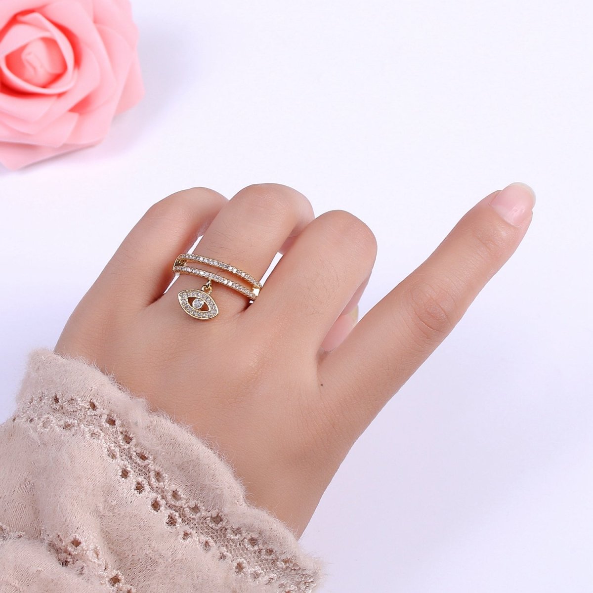 Cute Cz Gold Evil eye ring - Stackable Eye Ring - CZ Rings - Dangle Eye Ring - Dainty Stackable Rings - Adjustable Open Ring U-120