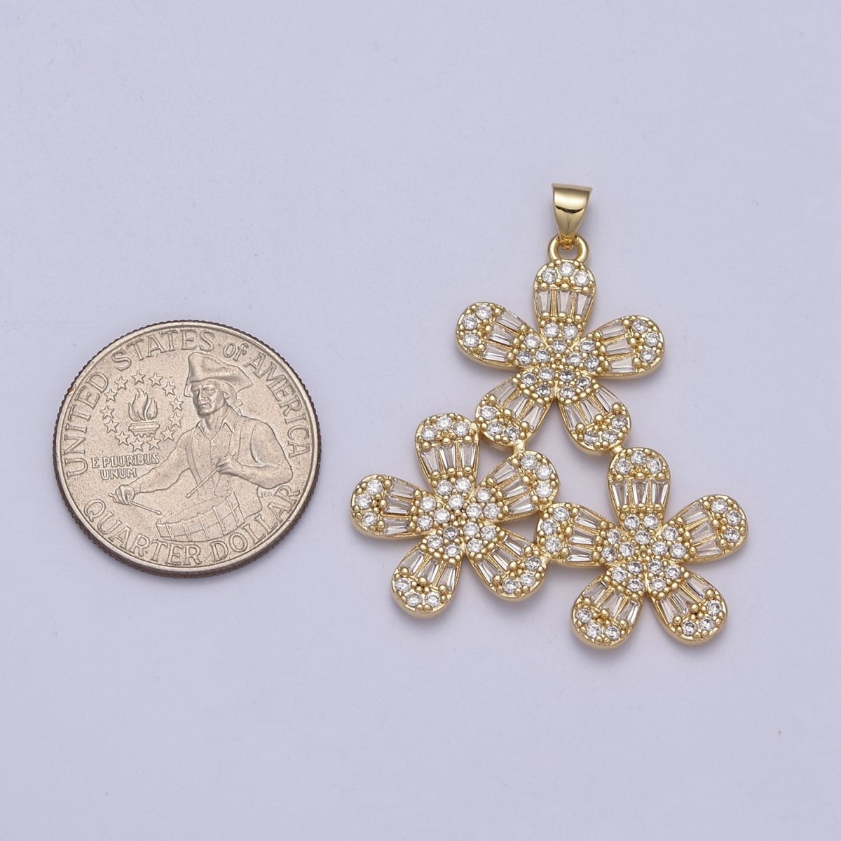 Cute Triple Floral Pendant Cubic Zirconia Flower Charm H-324