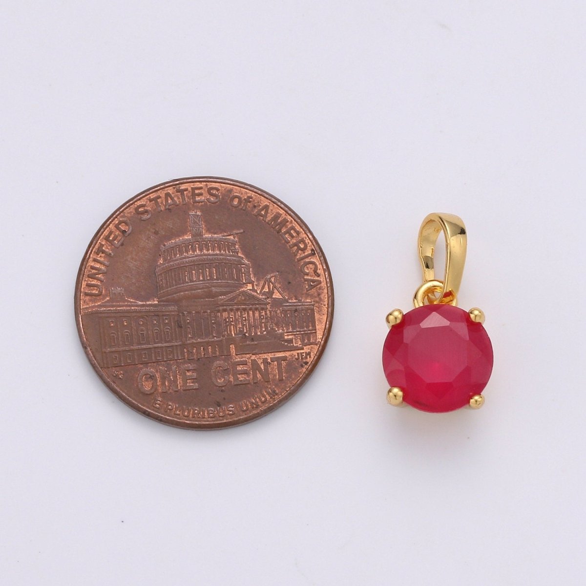 CZ Bezel Set Charm, 24K Gold Filled Red CZ Micro Pave Round Pendant, Charm Necklace Bracelet, Cubic Zirconia, Round Pendant J-085