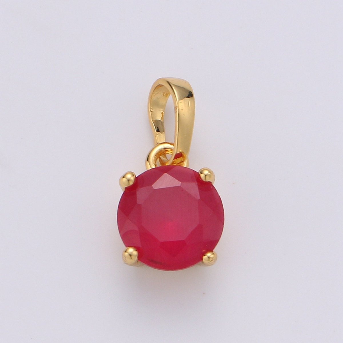 CZ Bezel Set Charm, 24K Gold Filled Red CZ Micro Pave Round Pendant, Charm Necklace Bracelet, Cubic Zirconia, Round Pendant J-085