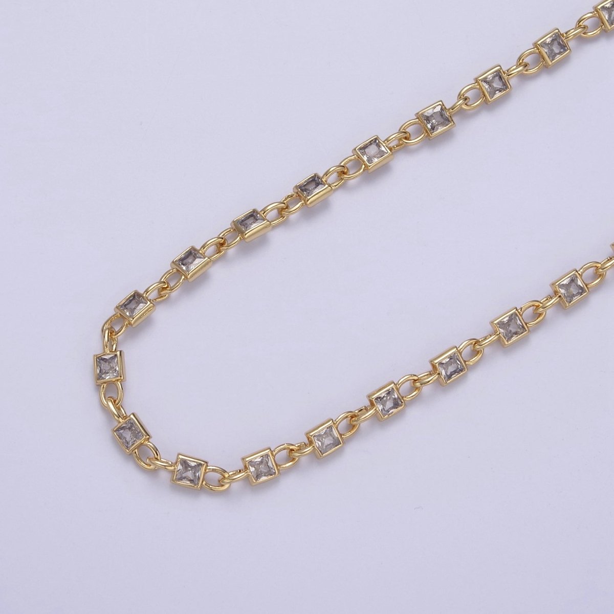 CZ Chain By The Yard, Genuine 4mm Square Shape CZ Bezel Chain Gold BULK Wholesale Cz Connector Chains | ROLL-758 to ROLL-761 Clearance Pricing