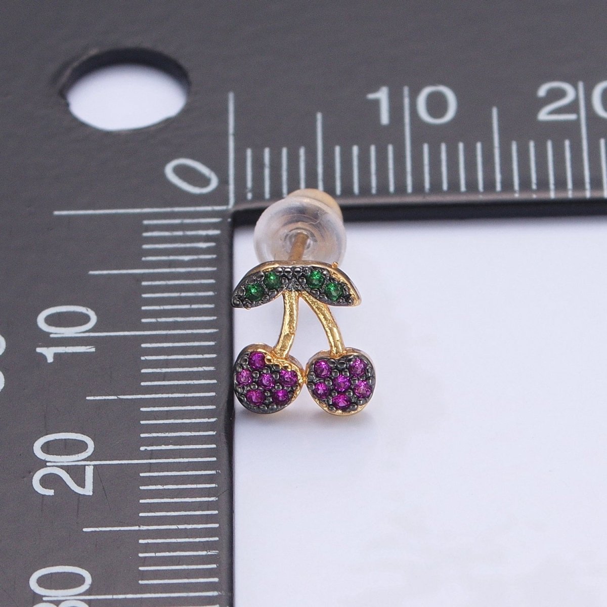 CZ Micro Pave 24K Gold Filled Cherry Fruit Stud Earrings V-450