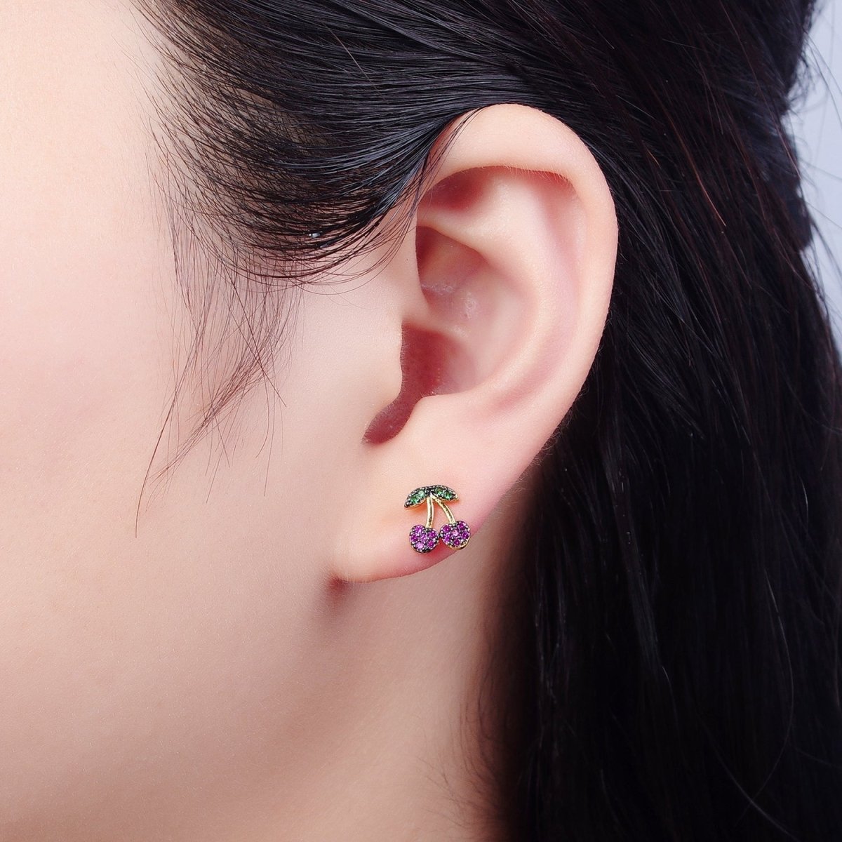 CZ Micro Pave 24K Gold Filled Cherry Fruit Stud Earrings V-450