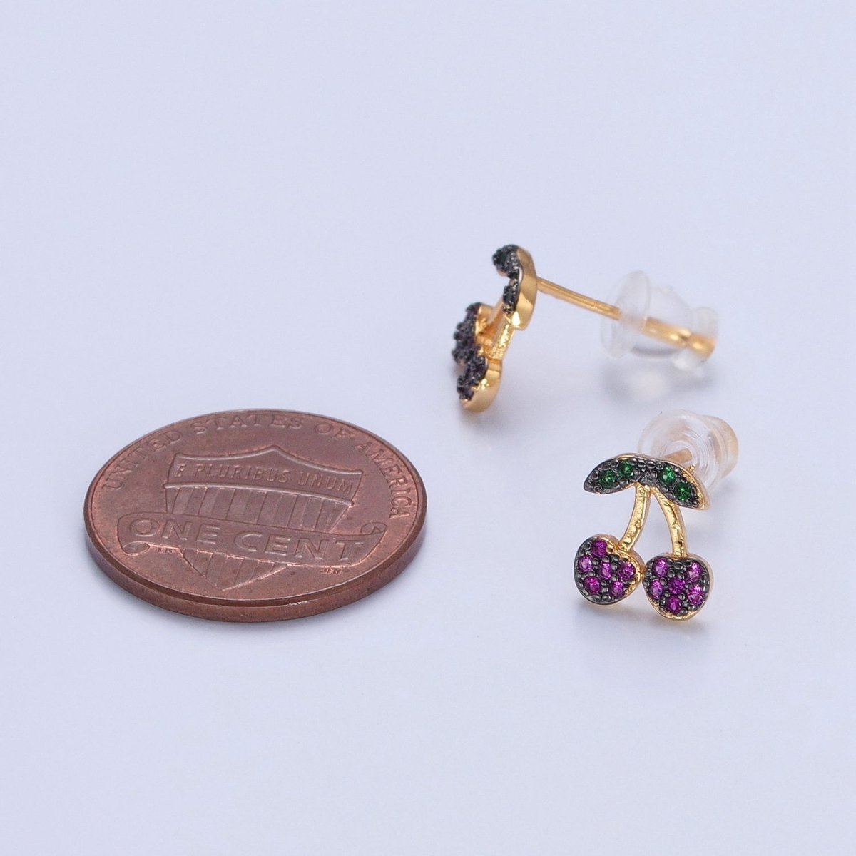 CZ Micro Pave 24K Gold Filled Cherry Fruit Stud Earrings V-450
