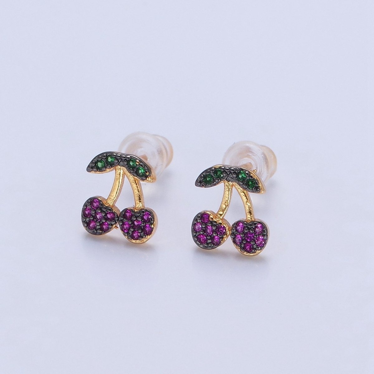 CZ Micro Pave 24K Gold Filled Cherry Fruit Stud Earrings V-450