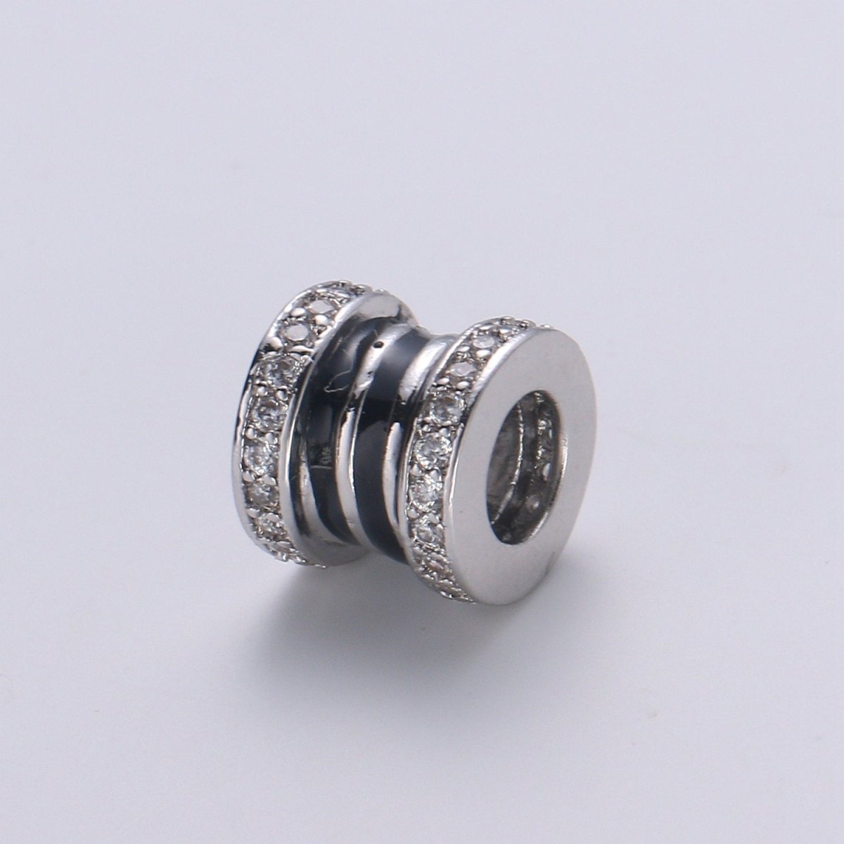 CZ Micro Pave Big Hole Drum Spacer Beads, Cubic Zirconia Large Hole Spacer Beads Silver Black Beads 8.4x9.2mm B-365