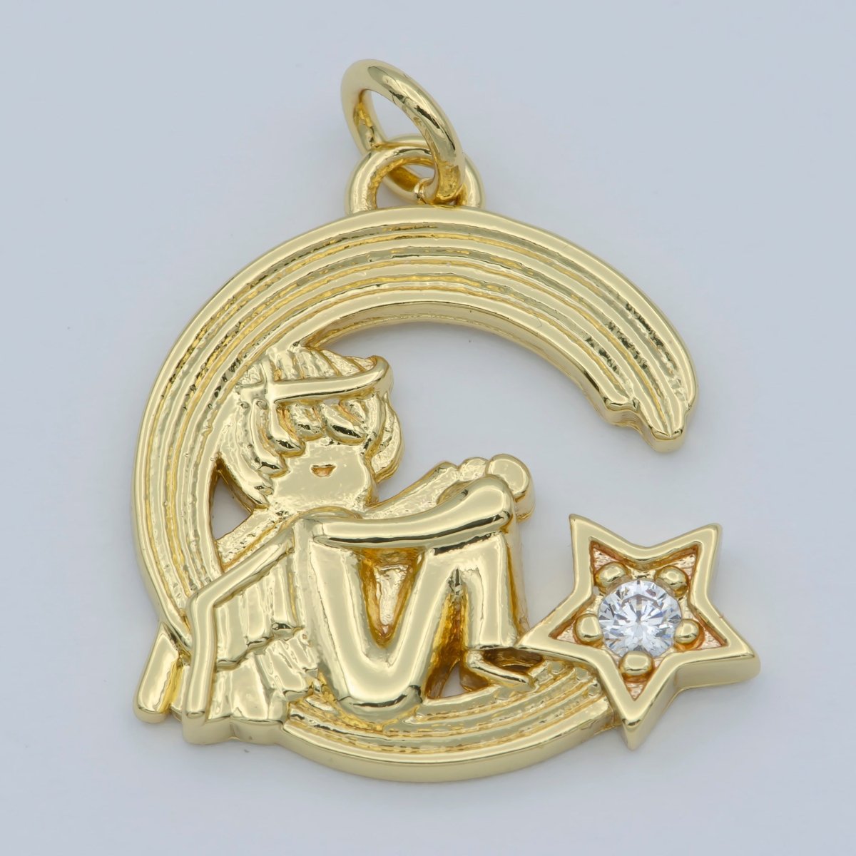 CZ Micro Pave Cherub Angel On Cresent Moon Shape Pendant, Gold Filled Charm Pendant, Necklace Bracelet Component M-356