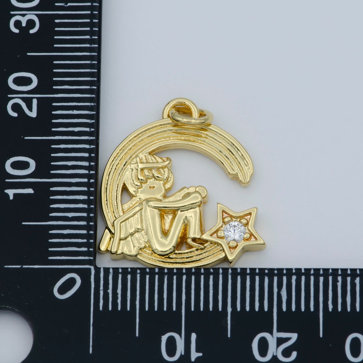 CZ Micro Pave Cherub Angel On Cresent Moon Shape Pendant, Gold Filled Charm Pendant, Necklace Bracelet Component M-356