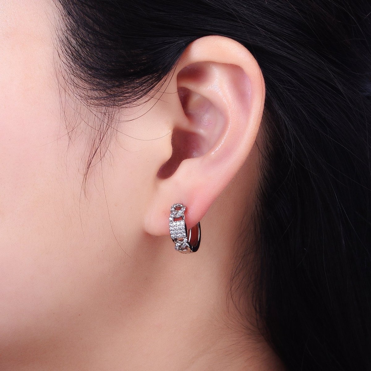 CZ Pave Huggie Hoops Silver Earrings with CZ Diamonds, Thick Huggie Earrings AB787