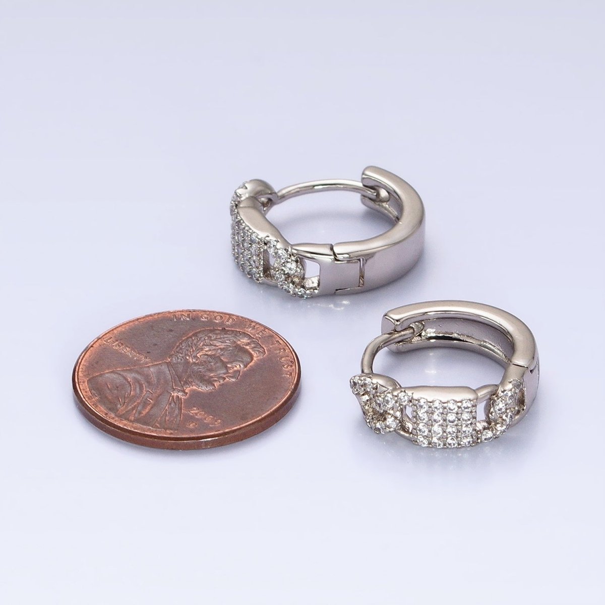 CZ Pave Huggie Hoops Silver Earrings with CZ Diamonds, Thick Huggie Earrings AB787