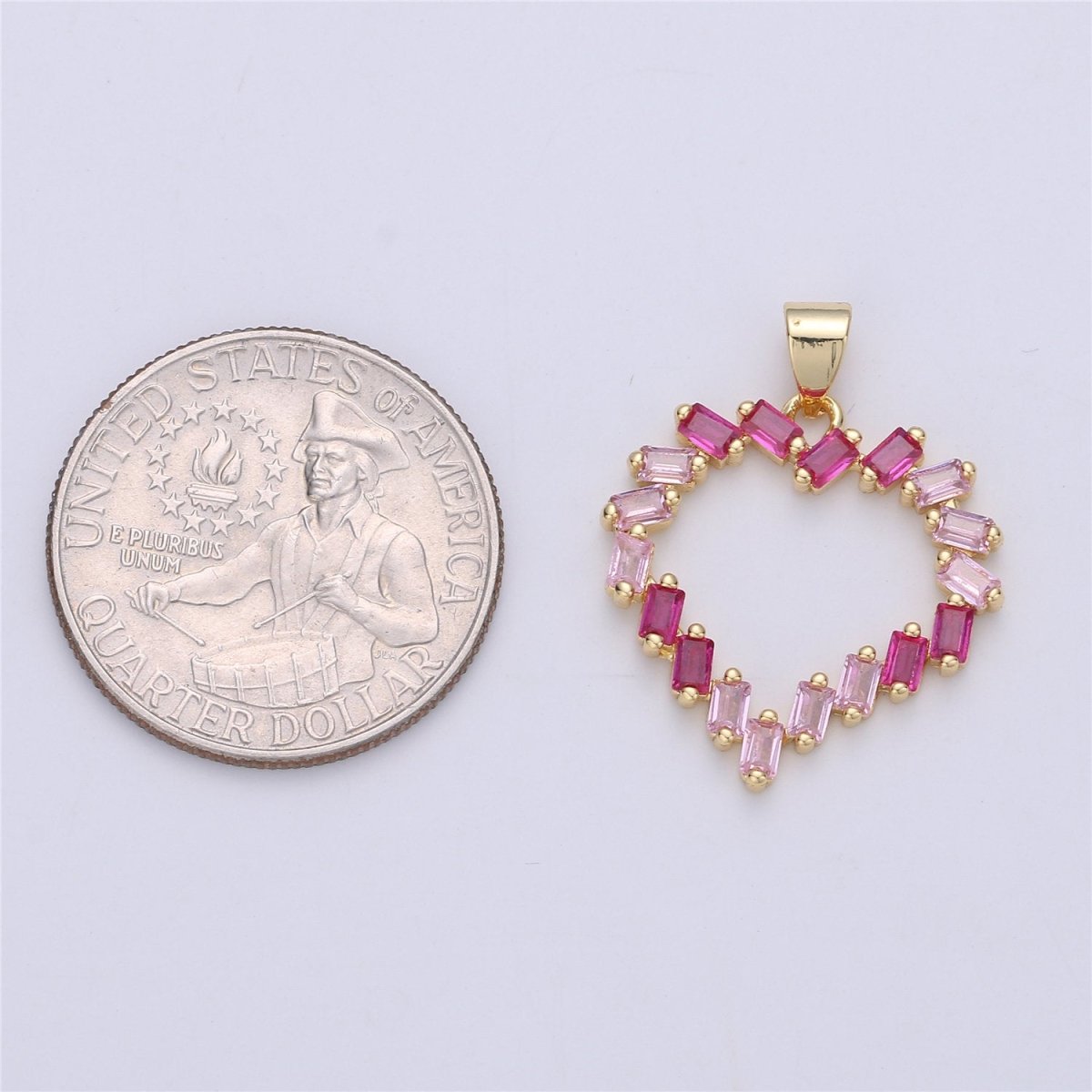 CZ Pink Heart Pendant Charm, Heart Shaped Baguette Charm in 14k gold filled for Necklace Earring Component I-328