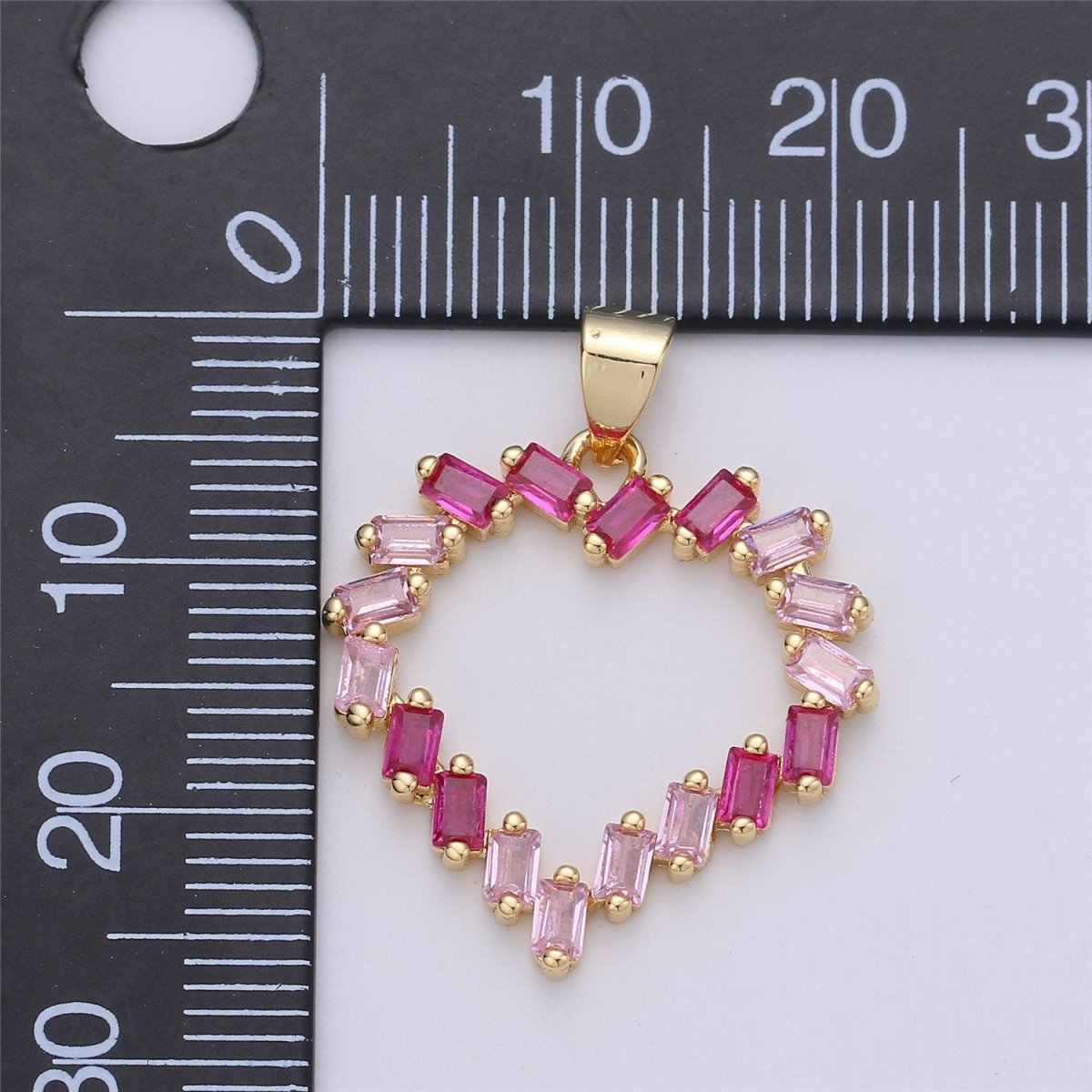CZ Pink Heart Pendant Charm, Heart Shaped Baguette Charm in 14k gold filled for Necklace Earring Component I-328