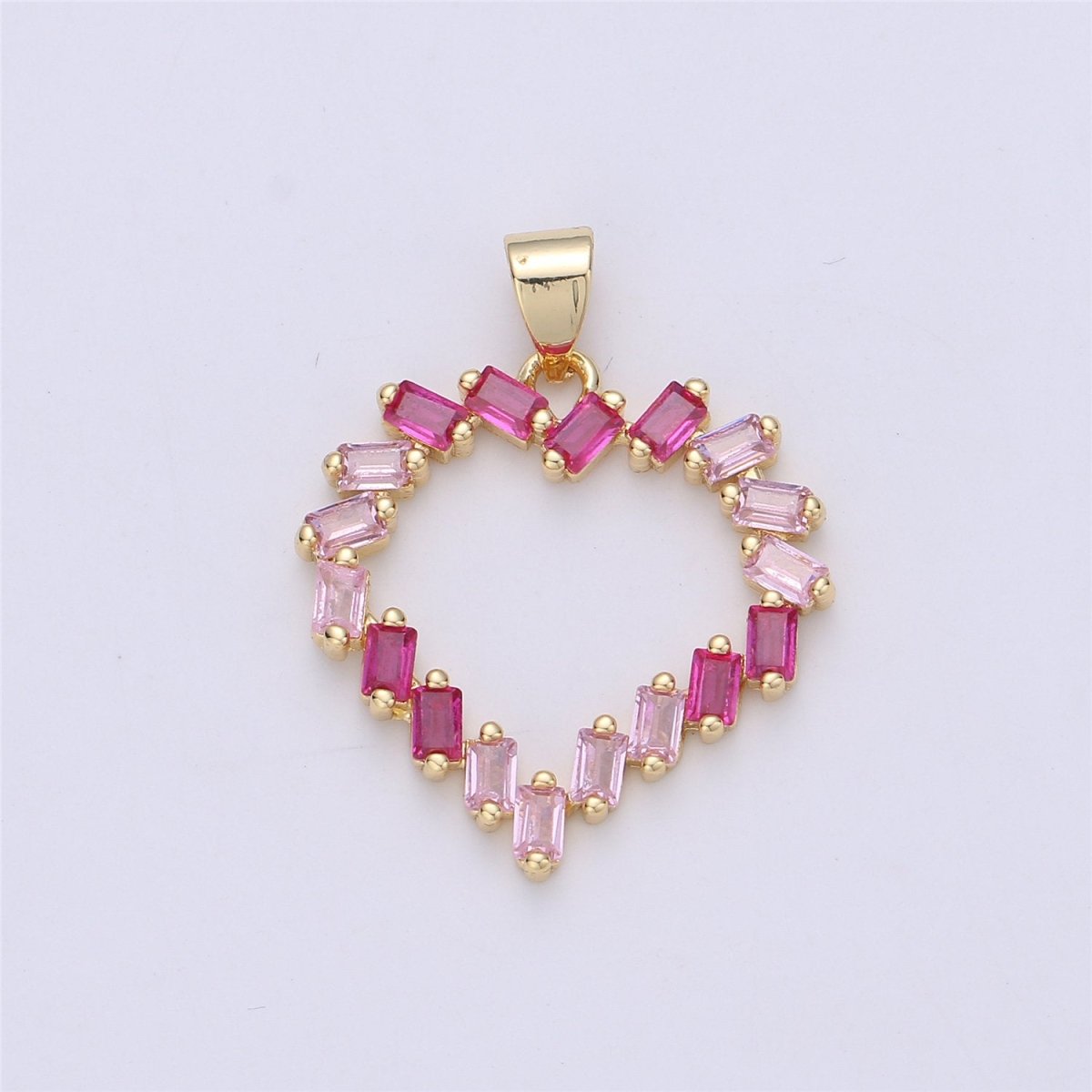 CZ Pink Heart Pendant Charm, Heart Shaped Baguette Charm in 14k gold filled for Necklace Earring Component I-328