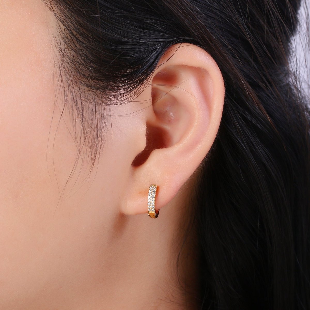Dainty 11MM huggie hoop earrings, Small cz gold hoops with diamonds, Pavé setting small hoops, minimalist jewelry with open link for charm P-087
