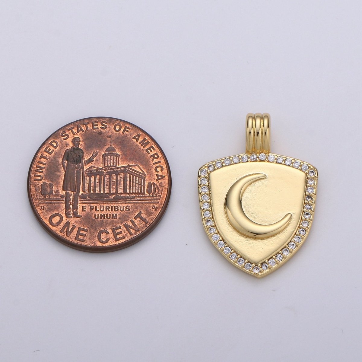 Dainty 14k Gold Filled Shield Charm, Cz Shield pendant, Micro Pave Moon Pendant Protection Jewelry Supply I-934