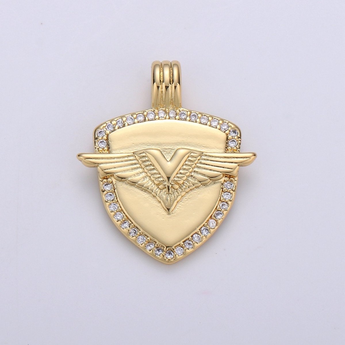 Dainty 14k Gold Filled Shield Charm, Cz Shield pendant, Micro Pave Wing Pendant Protection Jewelry Supply I-930