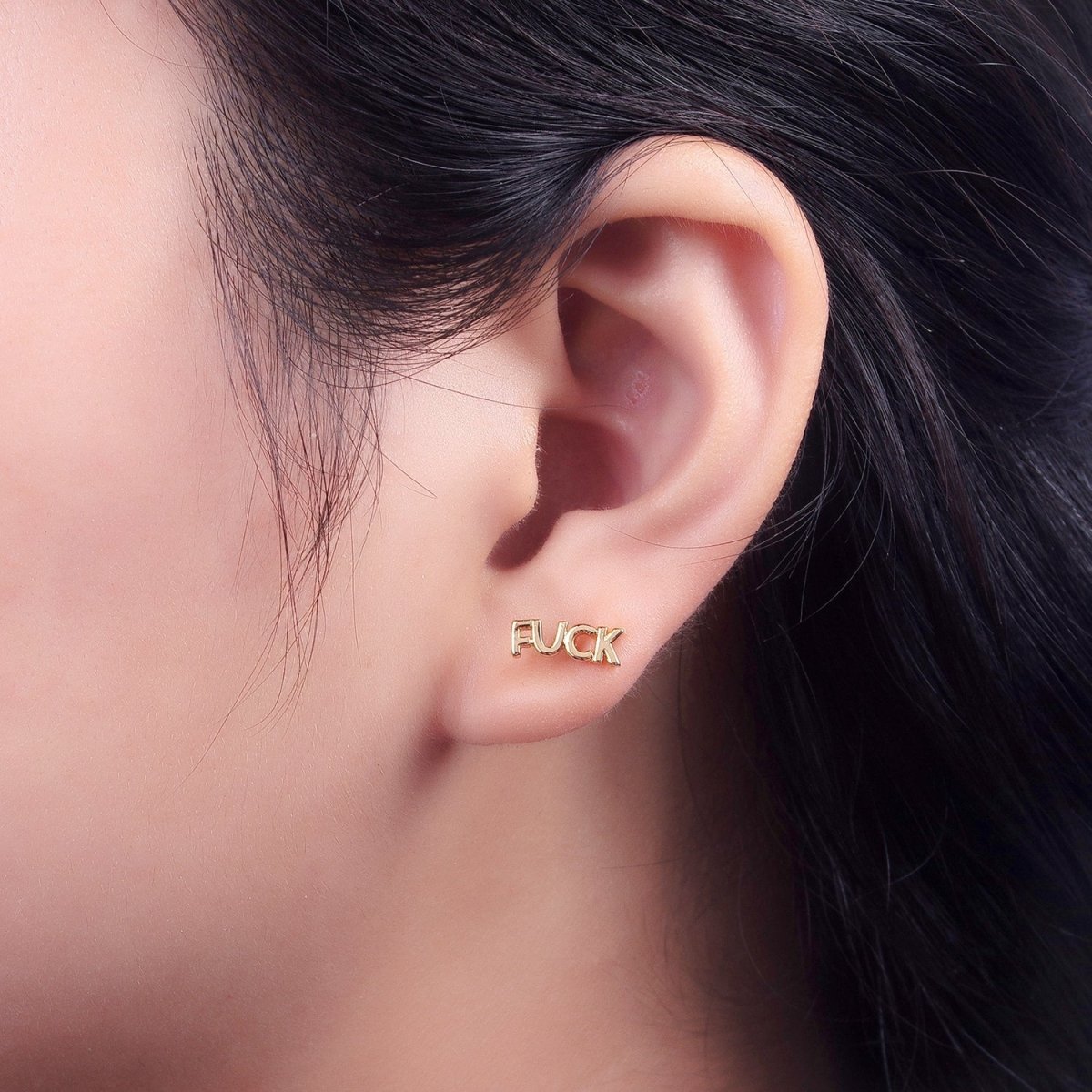 Dainty 16K Gold Filled "FUCK" Script Stud Earrings | AD-274