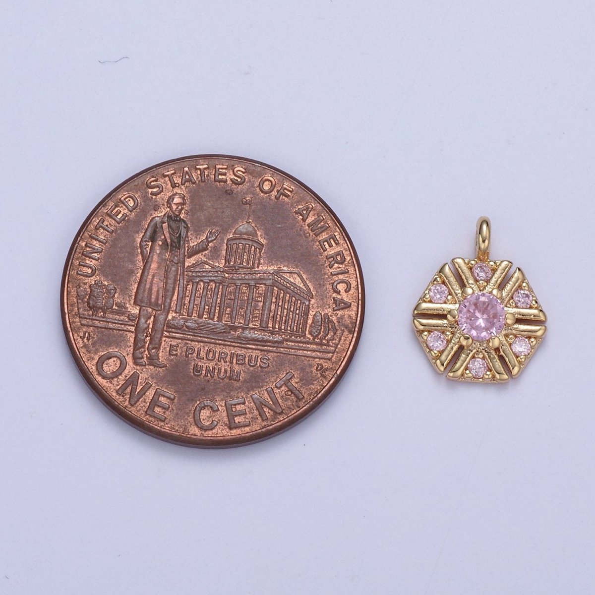 Dainty 16k Gold Filled Hexagon Medallion Pendant Gold Pink CZ Charm Necklace Gold Geometric Necklace Celestial Jewelry Charm  N-425