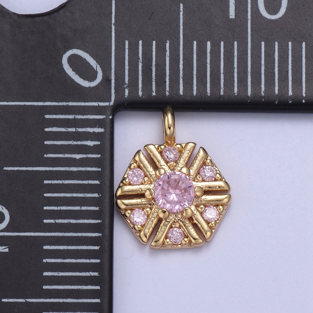 Dainty 16k Gold Filled Hexagon Medallion Pendant Gold Pink CZ Charm Necklace Gold Geometric Necklace Celestial Jewelry Charm  N-425