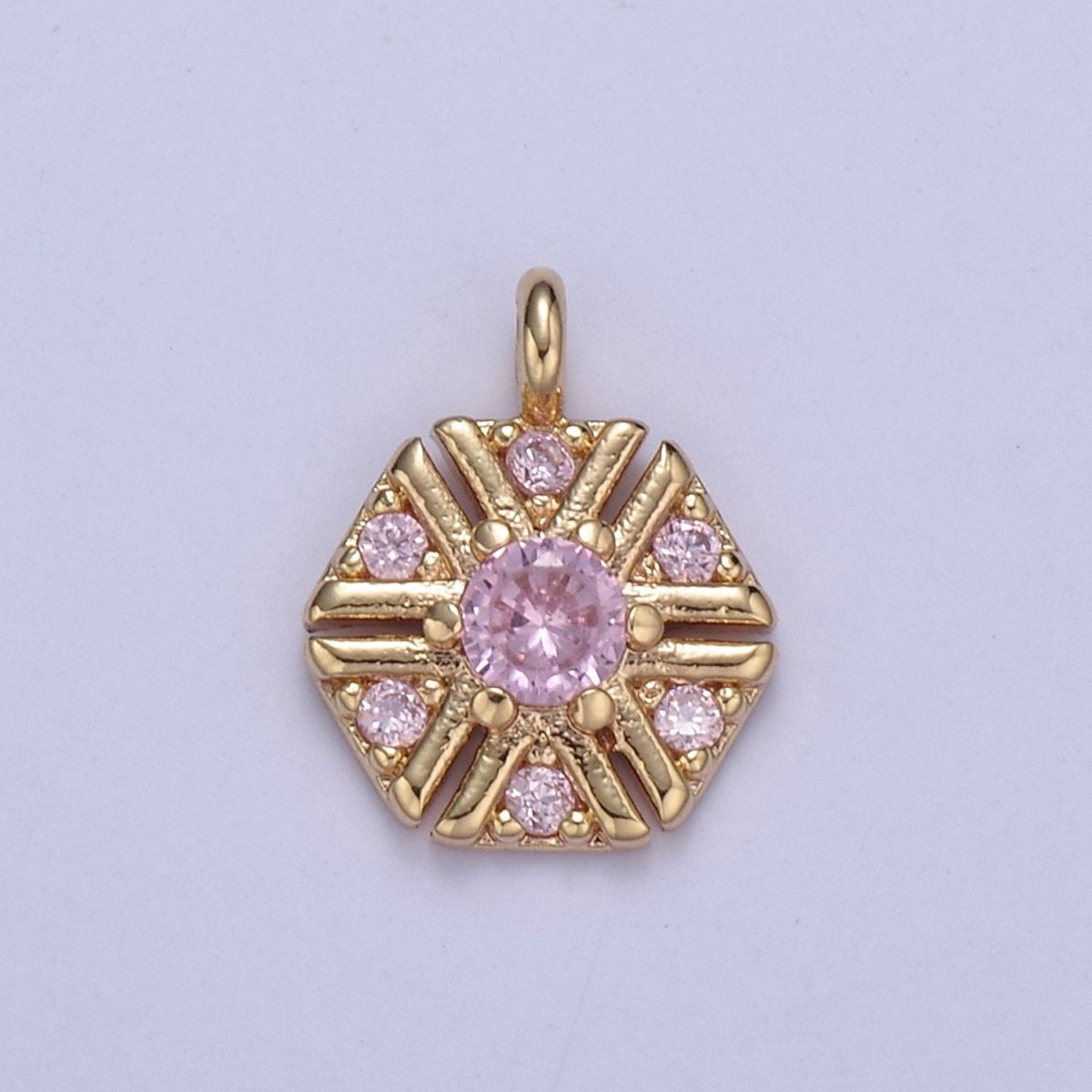 Dainty 16k Gold Filled Hexagon Medallion Pendant Gold Pink CZ Charm Necklace Gold Geometric Necklace Celestial Jewelry Charm  N-425