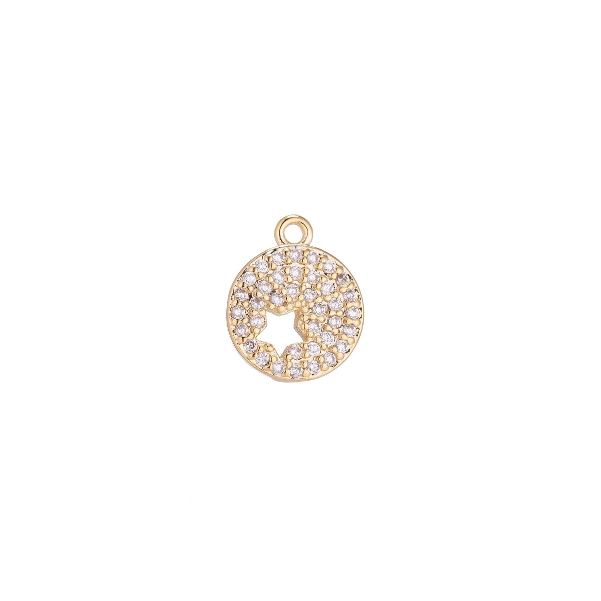 18K Gold Filled Micro Paved CZ Celestial Star Outline Round Charm | C148