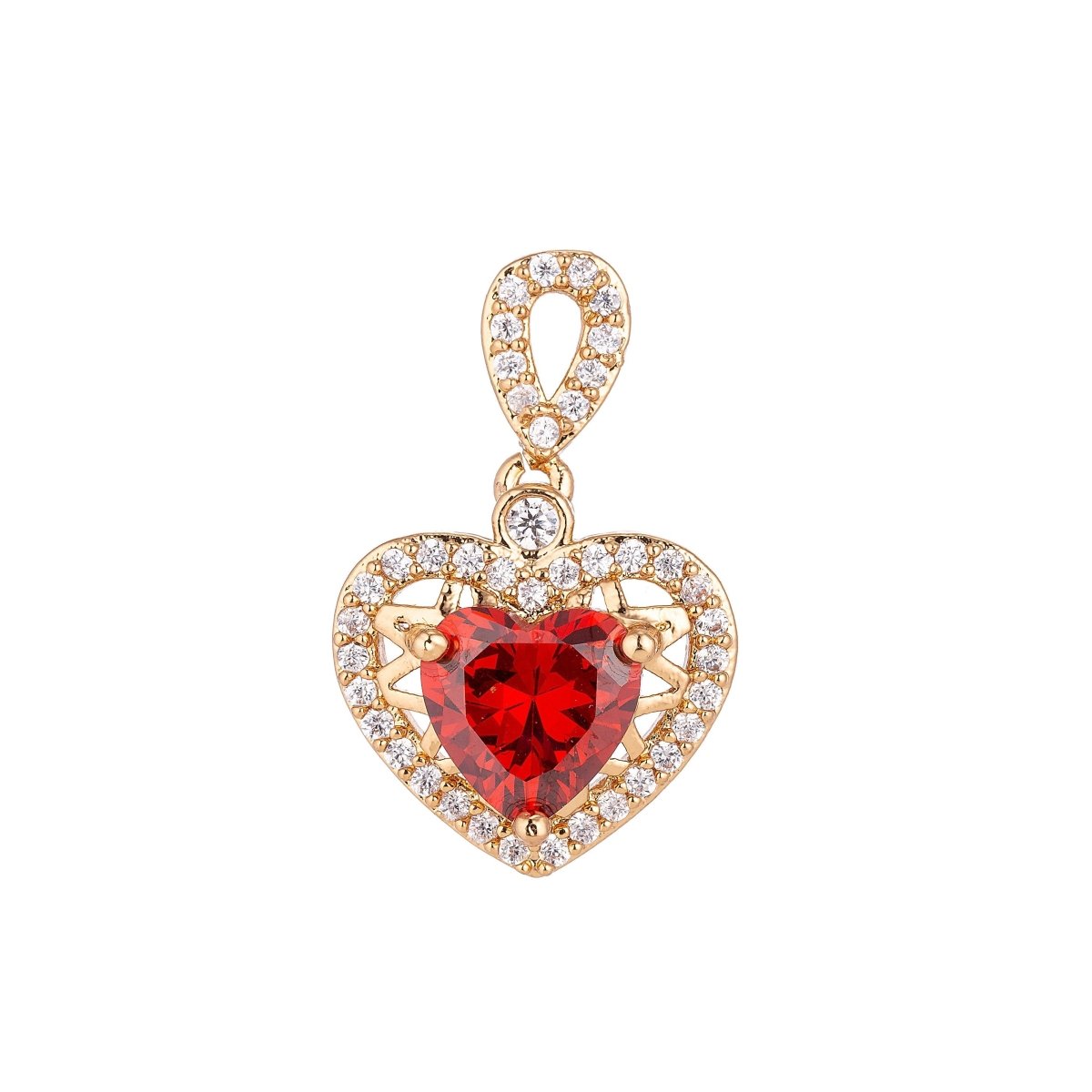 Dainty 18k Gold Filled Red Emerald Heart Love Charm Pendant Classic Love Heart Cut Cubic Zircon Gemstone Necklace for Jewelry Making Valentines Day H-238
