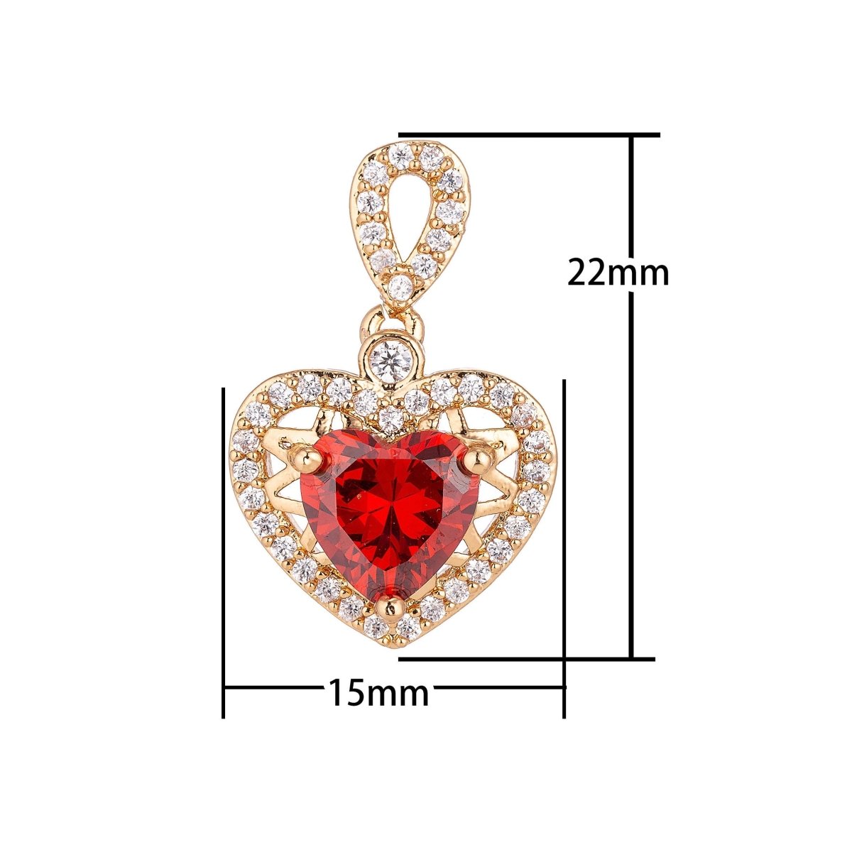 Dainty 18k Gold Filled Red Emerald Heart Love Charm Pendant Classic Love Heart Cut Cubic Zircon Gemstone Necklace for Jewelry Making Valentines Day H-238