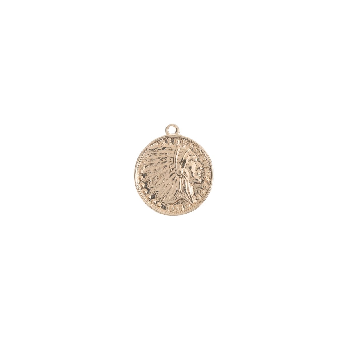 Dainty 18k Gold Filled Rustic Indian Chief Head with Full Headdress Antiqued Coin Charm Pendant Jewelry Supply C-240