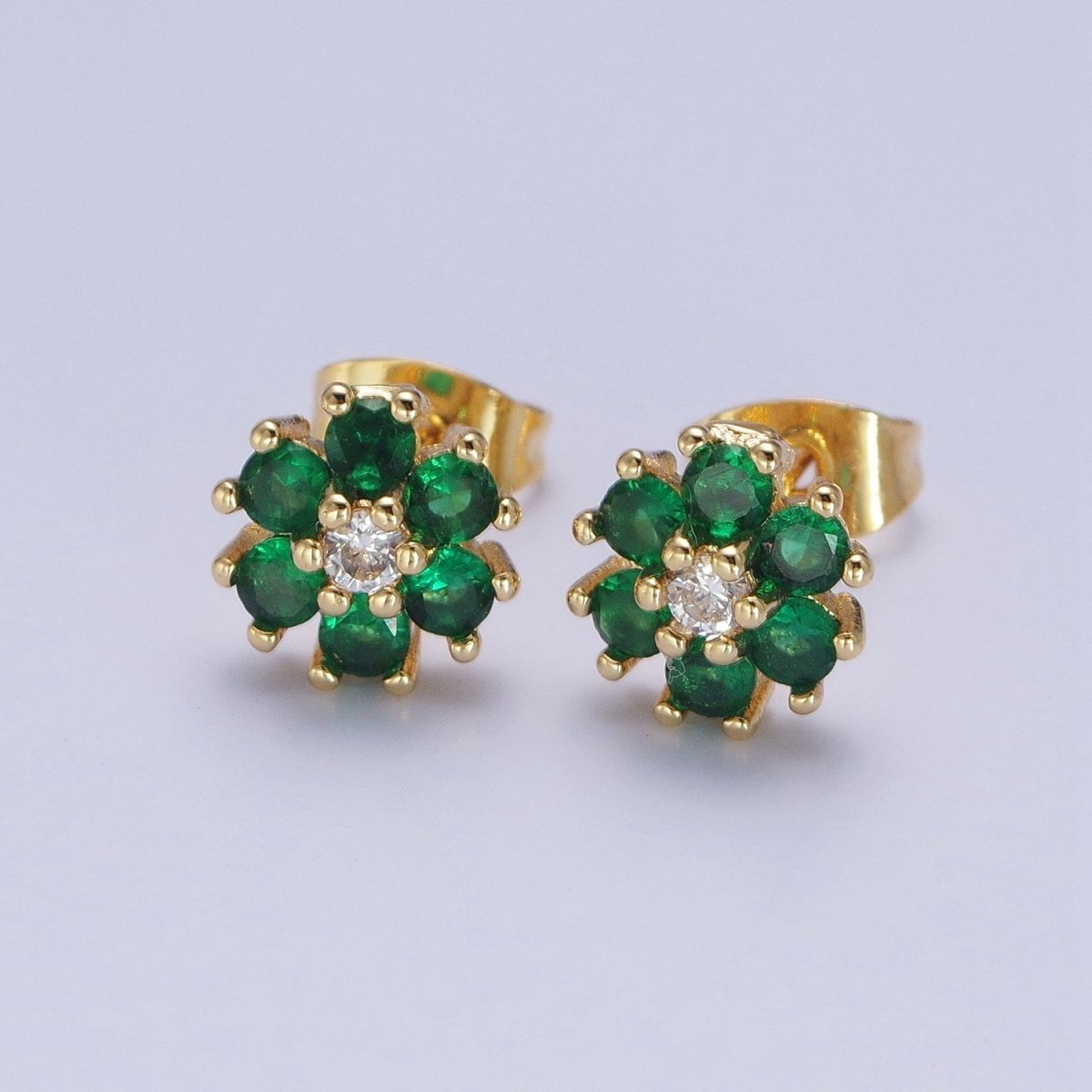 Dainty 24K Gold Filled Emerald Green & Clear Cubic Zirconia Flower Stud Earrings | AD-511