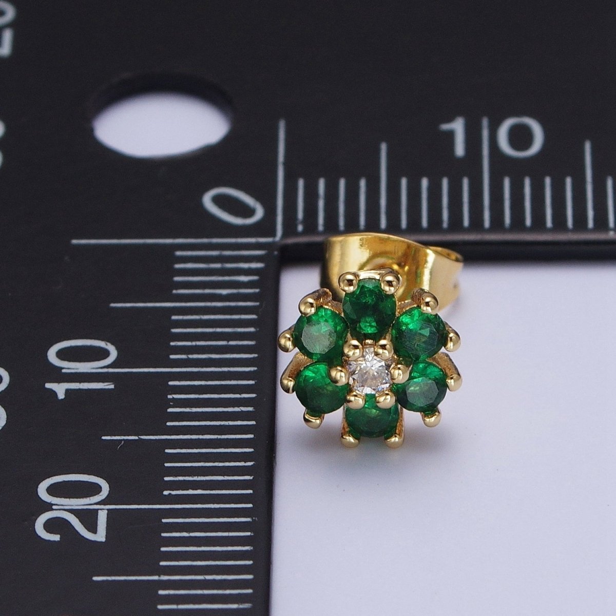 Dainty 24K Gold Filled Emerald Green & Clear Cubic Zirconia Flower Stud Earrings | AD-511
