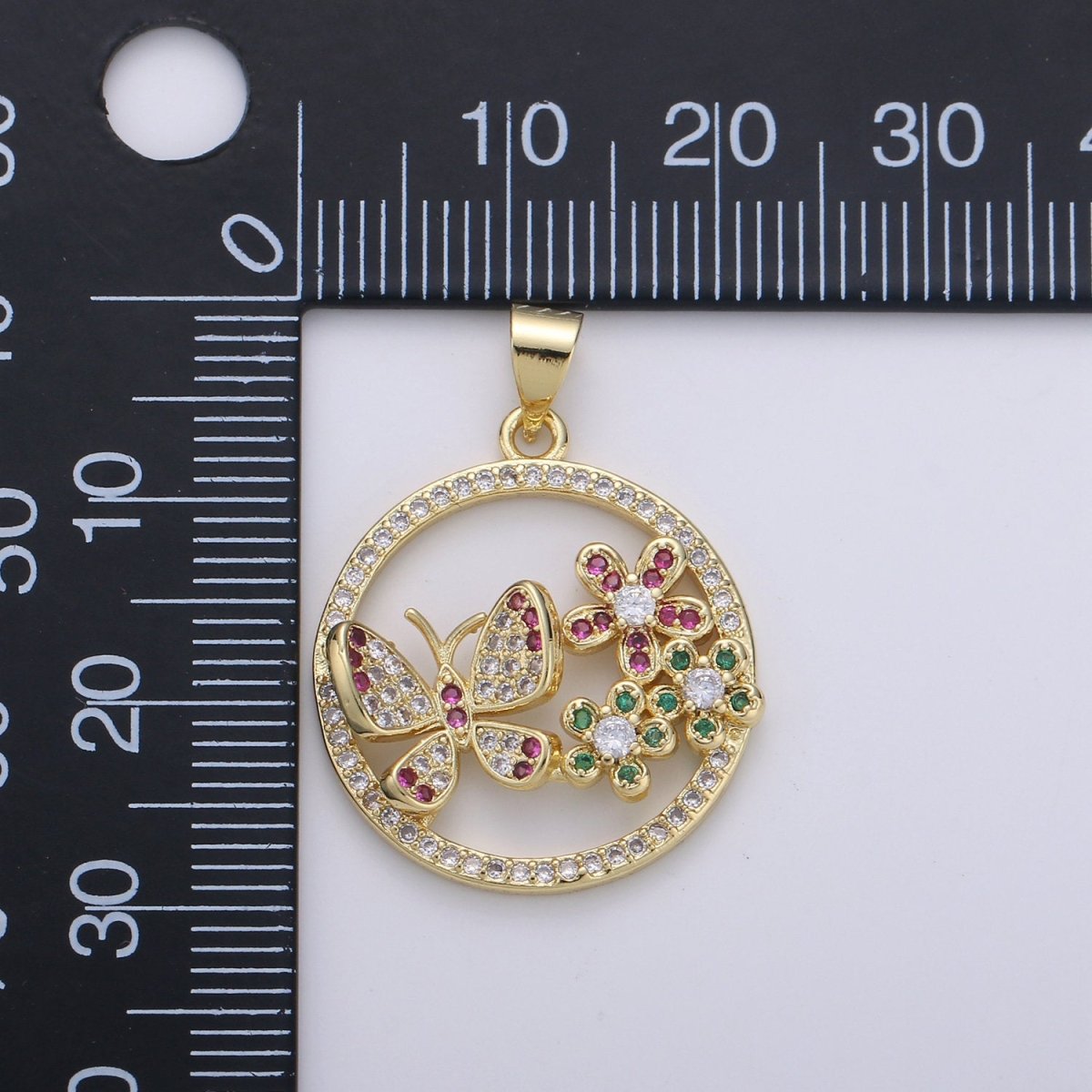Dainty 24k Gold Filled Micro Pave Butterfly Charm, Cubic Zirconia Round Circle Pendant Charm, Gold Filled Charm, For DIY Jewelry I-874
