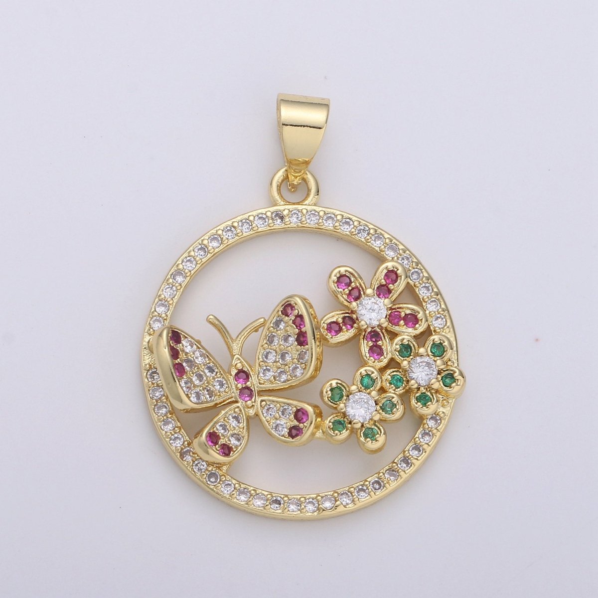 Dainty 24k Gold Filled Micro Pave Butterfly Charm, Cubic Zirconia Round Circle Pendant Charm, Gold Filled Charm, For DIY Jewelry I-874
