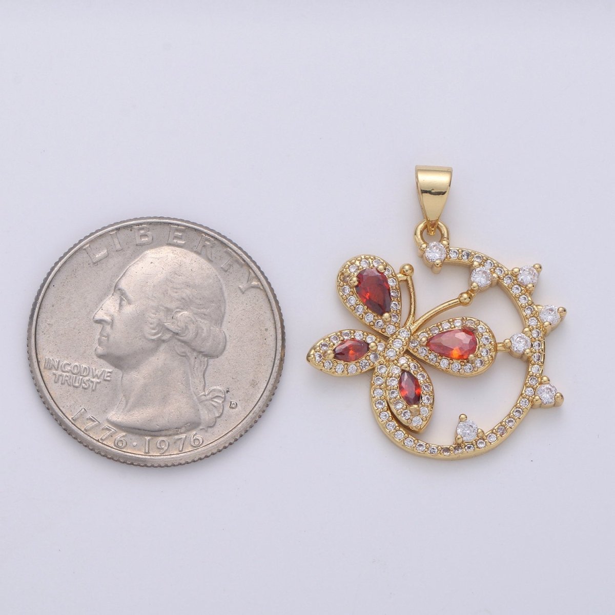 Dainty 24k Gold Filled Micro Pave Butterfly Charm, Ruby Cubic Zirconia Round Circle Pendant Charm, Gold Filled Charm, For DIY Jewelry I-852