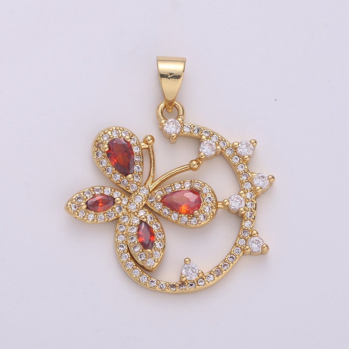 Dainty 24k Gold Filled Micro Pave Butterfly Charm, Ruby Cubic Zirconia Round Circle Pendant Charm, Gold Filled Charm, For DIY Jewelry I-852