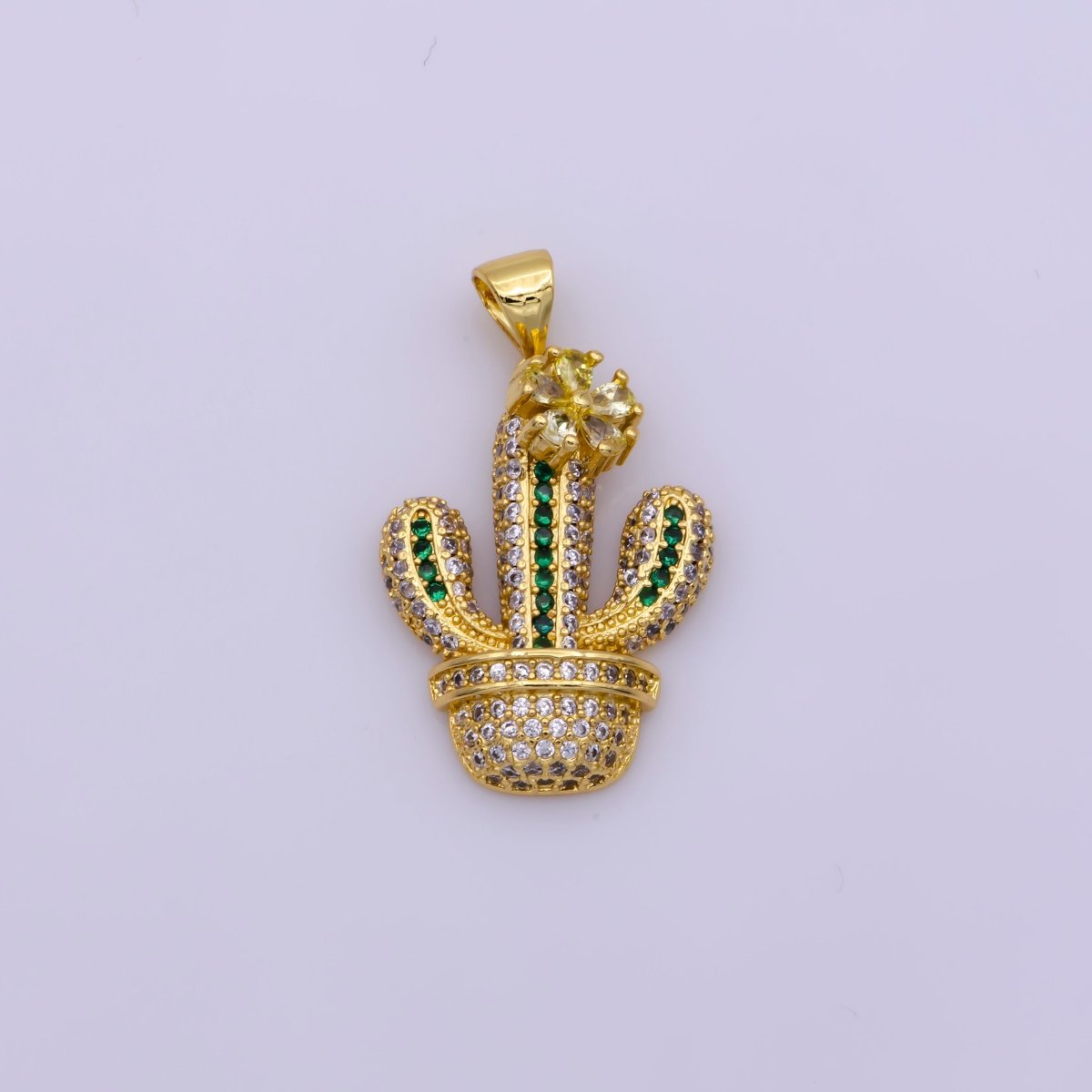 Dainty 24K Gold Filled Micro Paved CZ Green Cactus Succulents Potted Plant Pendant | N-1346