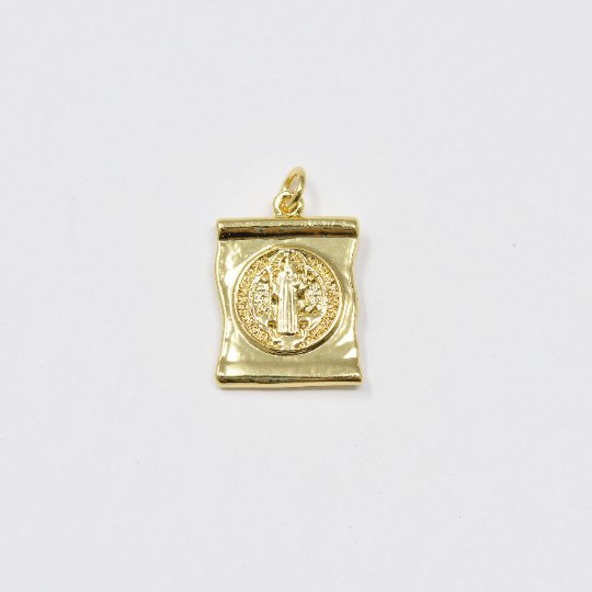Dainty 24k Gold Filled Scroll Charm Saint Benedict Charm Medallion for Bracelet Necklace Pendant Religious Jewelry Making Supply E-119
