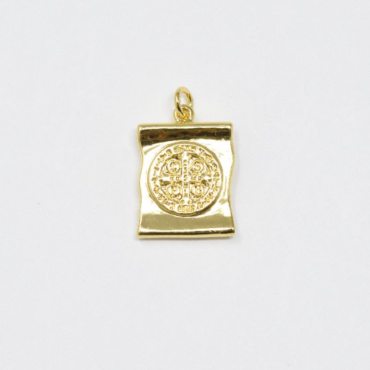 Dainty 24k Gold Filled Scroll Charm Saint Benedict Charm Medallion for Bracelet Necklace Pendant Religious Jewelry Making Supply E-119