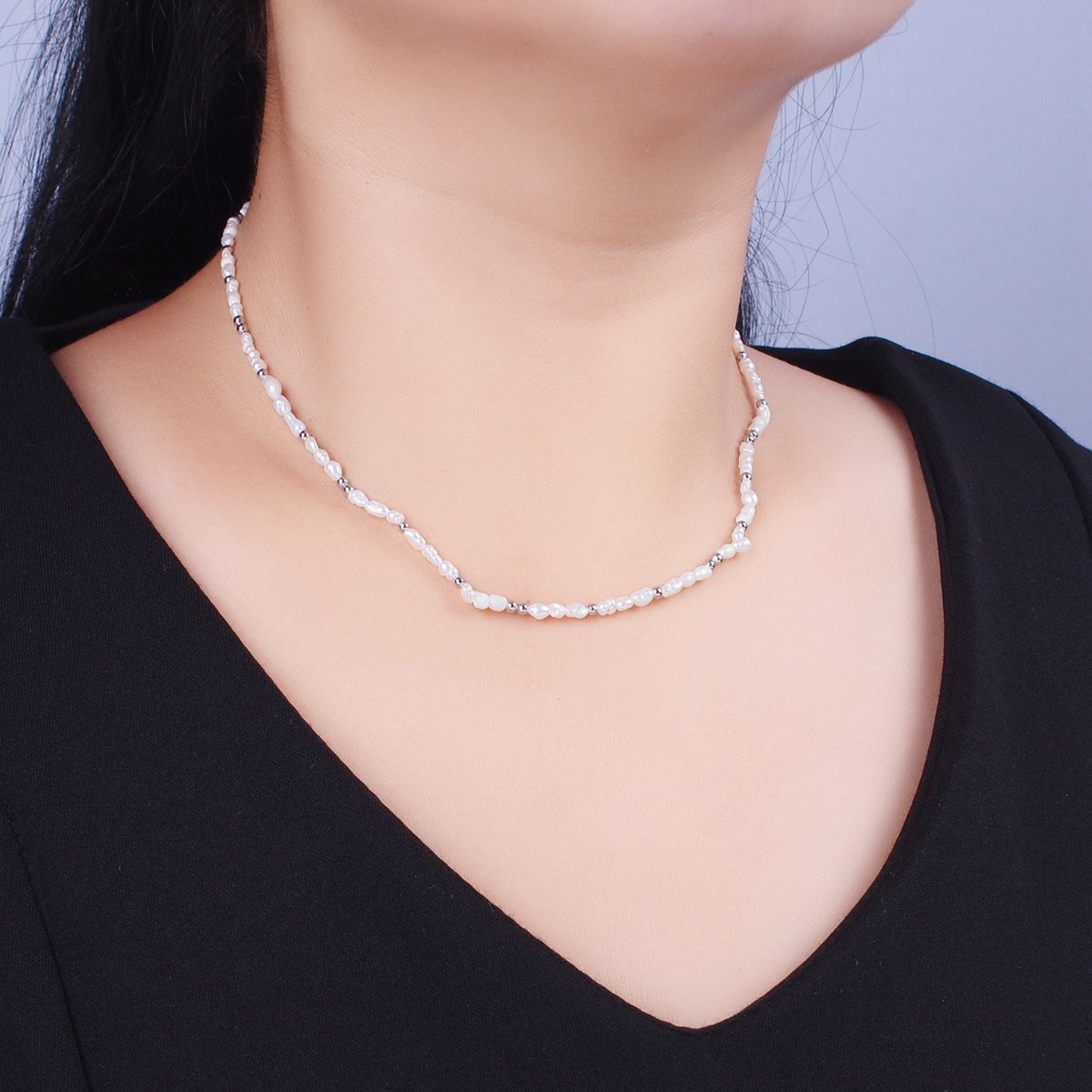 Dainty 3mm Baroque Freshwater Pearl White Gold Filled Silver Beads 15 Inch Choker Necklace | WA-1448 Clearance Pricing