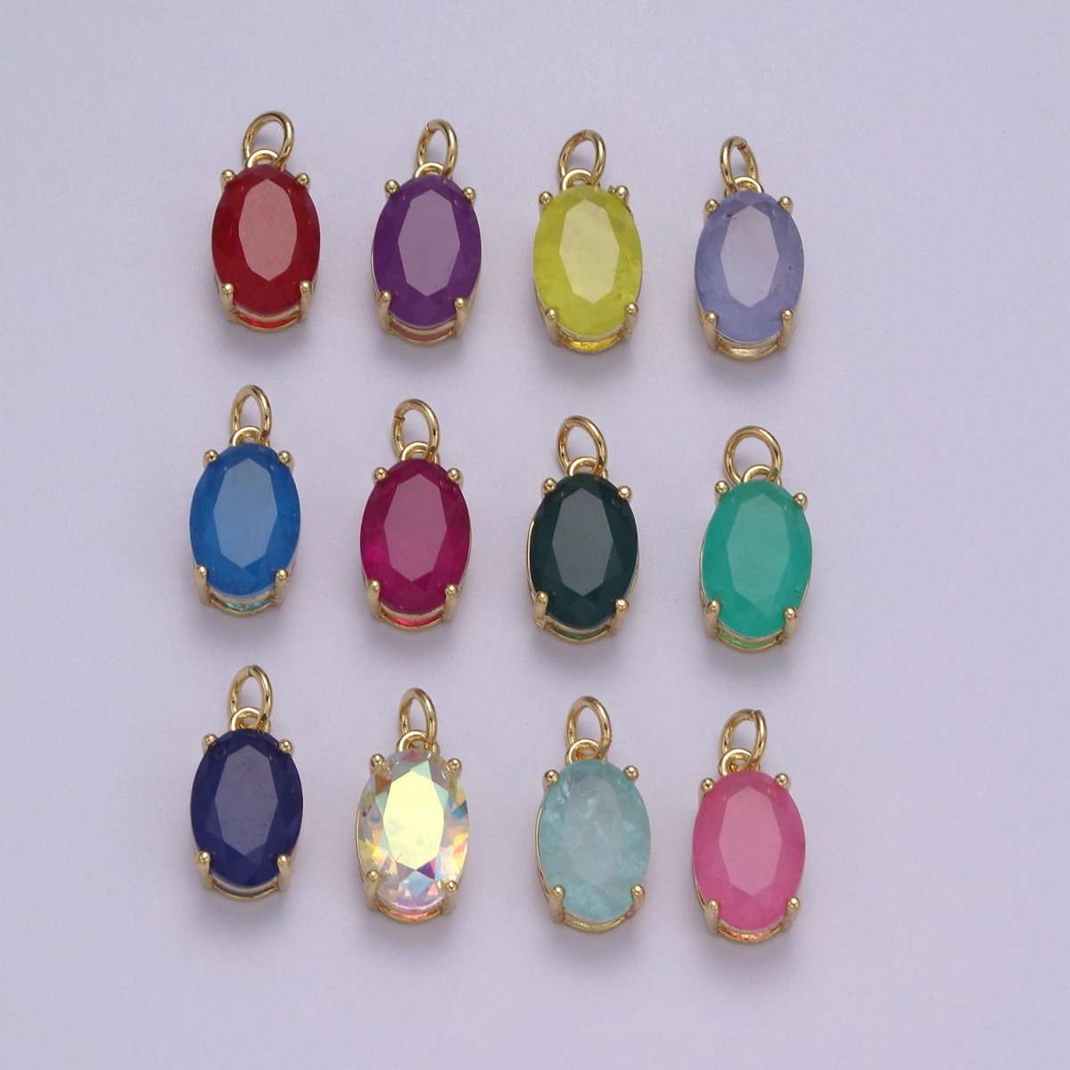 Dainty AB, Yellow, Blue, Teal, Green, Pink, Red CZ 24k Gold Filled Solitaire Micro Pave Pendant Oval Charm Stone Pendant for Birthstone Add on Charm C-798 C-802 C-842 C-843 C-845 C-847~C-852 C-854