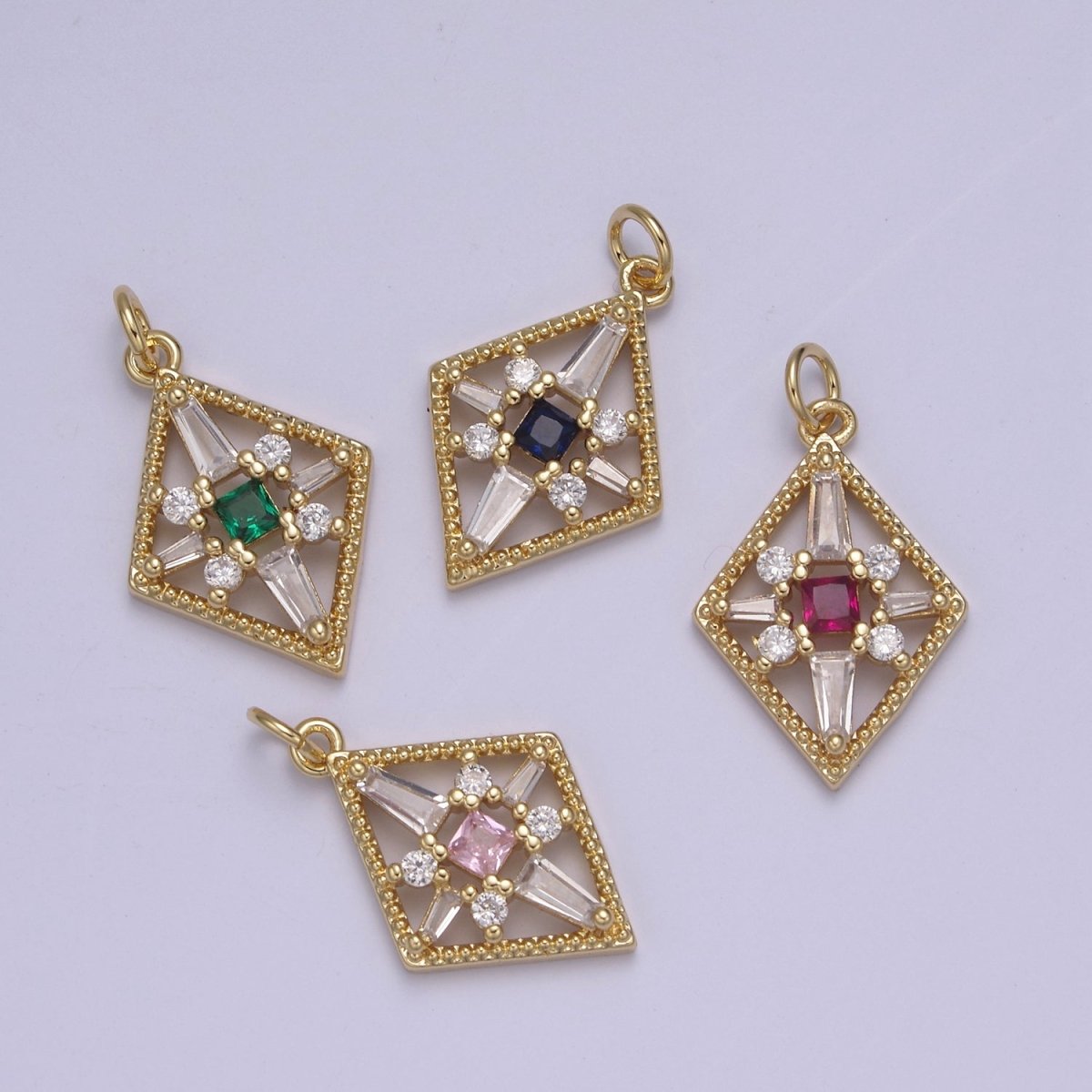 Dainty Baguette Rhombus Geometric Shape CZ Charm, Diamond Shape Gemstone Pendant Charm Wholesale N-840 - N-843