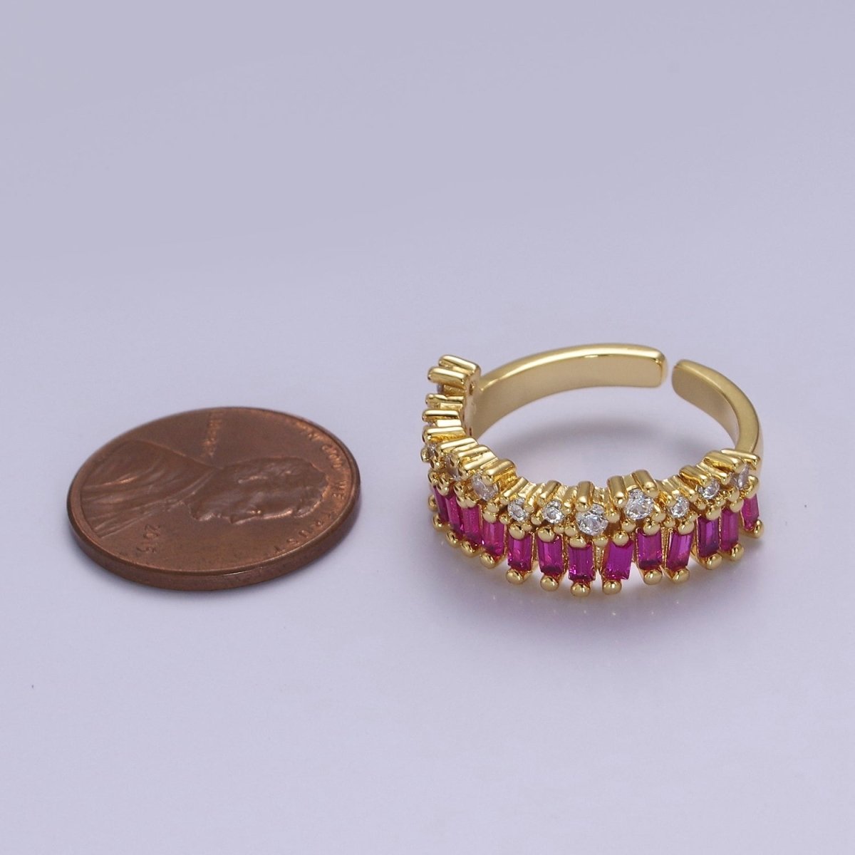 Dainty Baguette ring- Gold Filled CZ Ring Classic clear, Purple, Blue, Green, Pink Cubic Zirconia Adjustable Ring O-2089 ~ O-2094