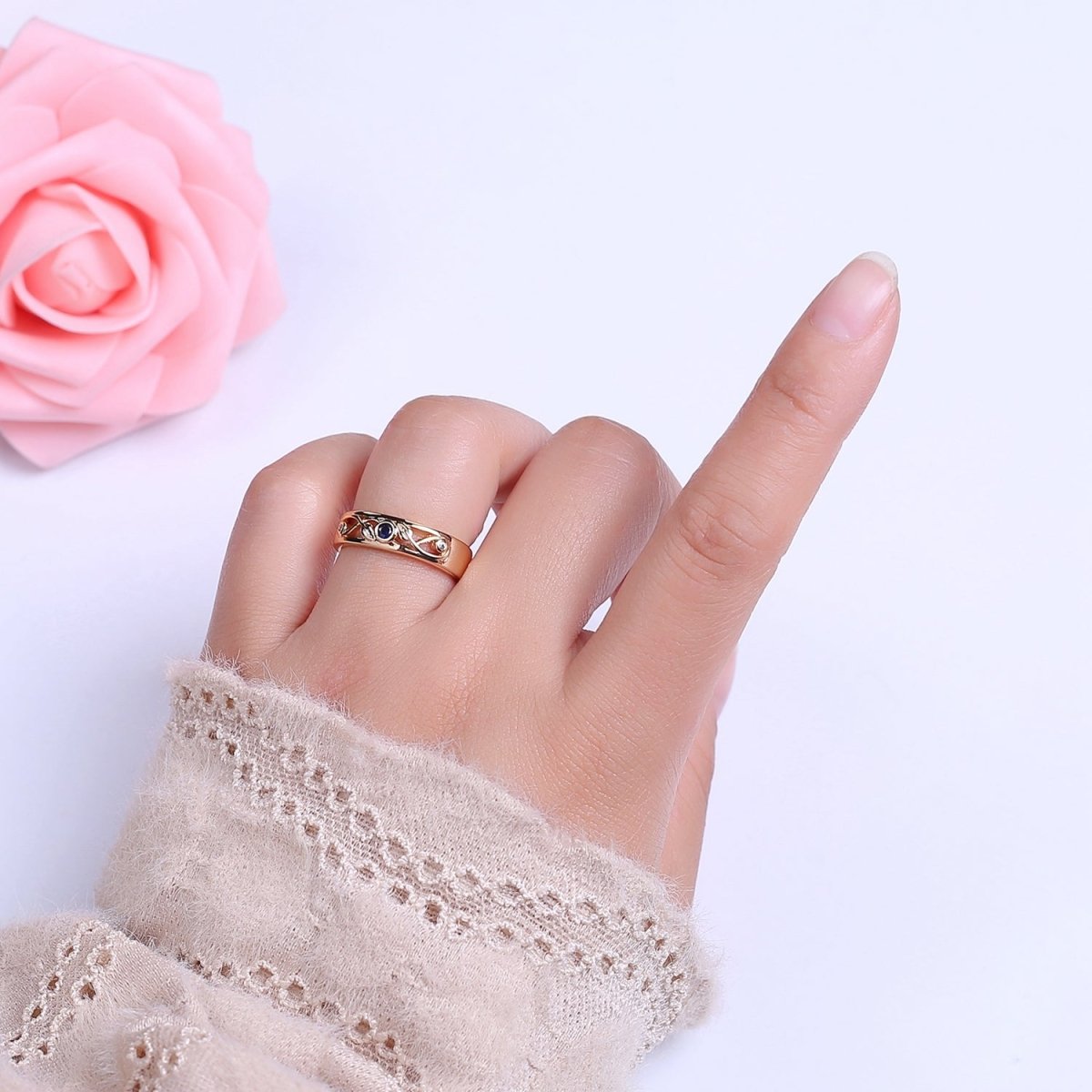 Dainty Blue CZ Stone Gold Band for Midi Ring Stackable Jewelry S-526