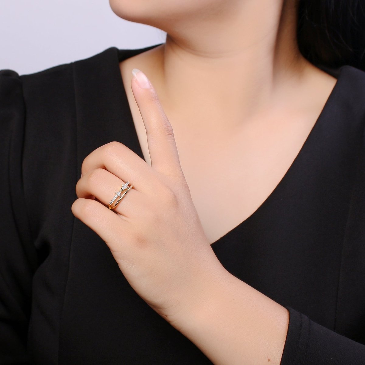 Dainty Bow Ring, Gold CZ Double Band Stacking Rings Jewelry Thin Cubic Open Adjustable Ring O-958
