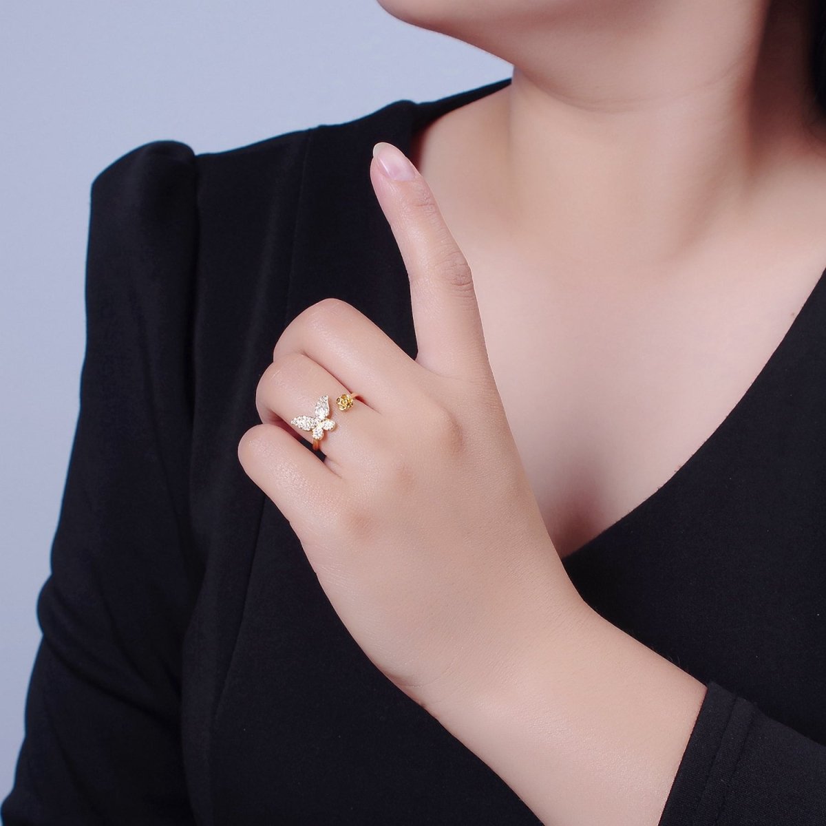Dainty Butterfly Ring, Adjustable Gold Ring, Micro Pave CZ Mariposa Ring, Animal Lover Ring for Minimalist jewelry Everyday Wear O-2143