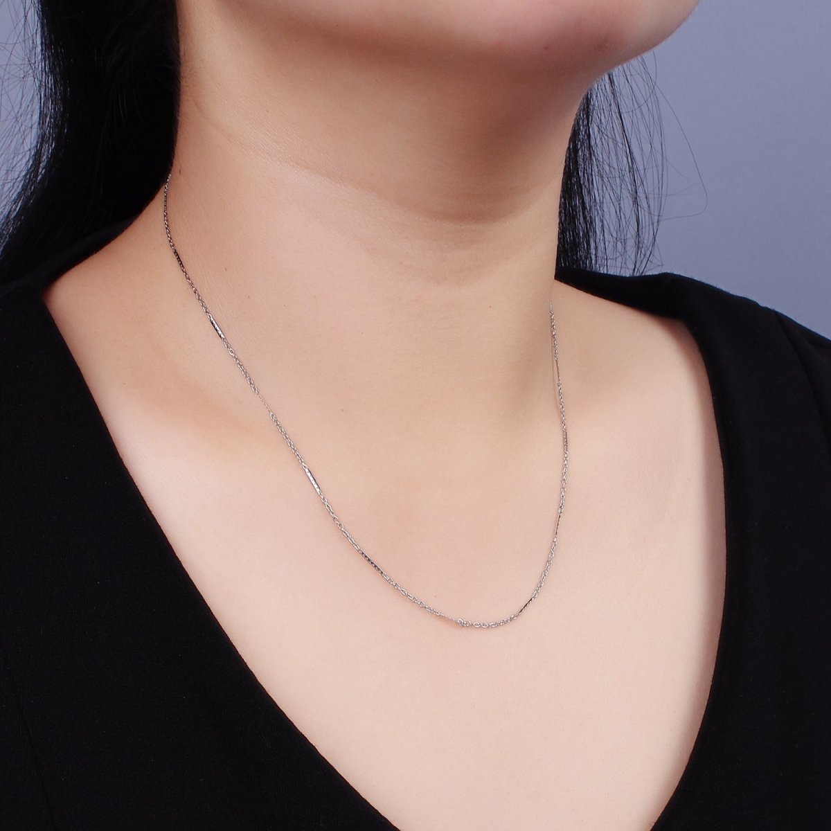 Dainty Cable Chain Necklace Stainless Steel 18 inch Flat Satellite Necklace in Silver | WA-2387