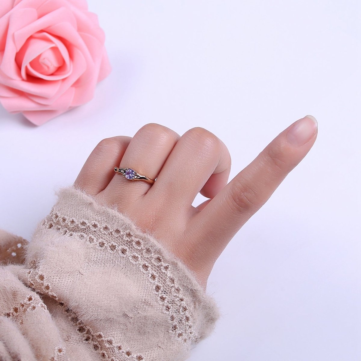 Dainty Clear Cz Ring Thin Gold Band Open Adjustable Ring S-459