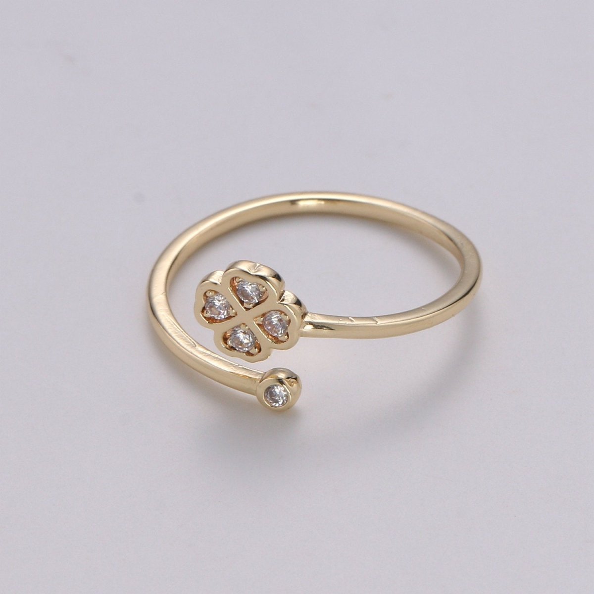 Dainty clover Ring Gold Quatrefoil CZ stackable ring Gold Small floral Minimalist Ring gift for her Open Adjustable Ring for Christmas R-110