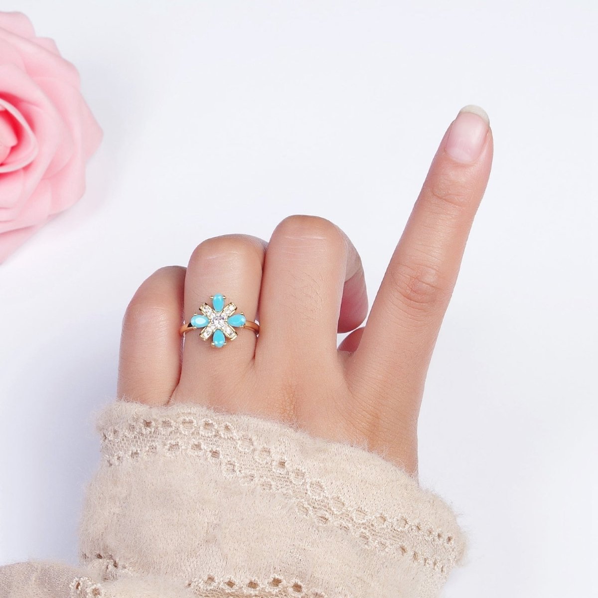 Dainty Cluster Turquoise Ring 16K Gold Filled Minimalist Stackable Trendy Everyday Jewelry Open Adjustable Ring R-503